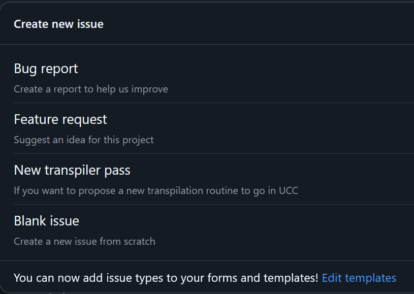 When you define issue template files, they appear in the GitHub issue ticket web UI.